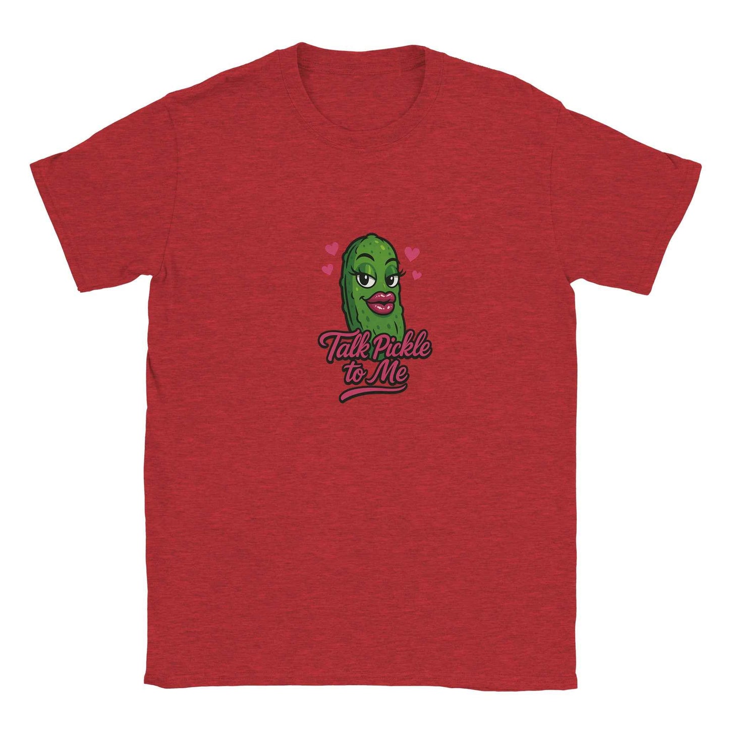"Talk Pickle to Me" Flirty Pickle T-Shirt – Playful Pink Lips & Hearts Design