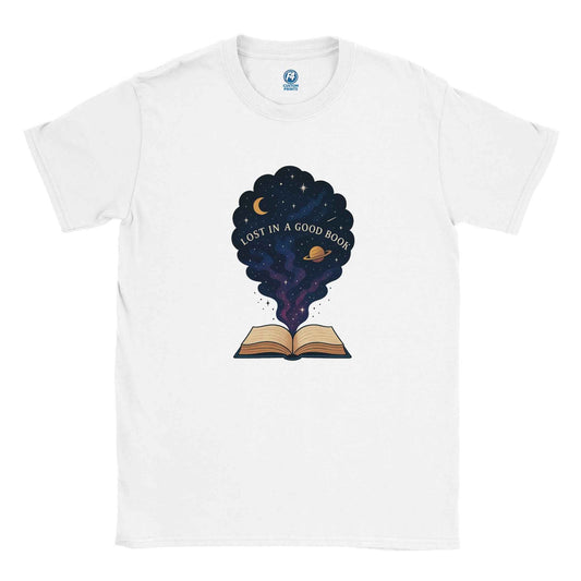 "Lost in a Good Book" Bookish T-Shirt – Celestial Reader Design in Your Choice of Seven Hues