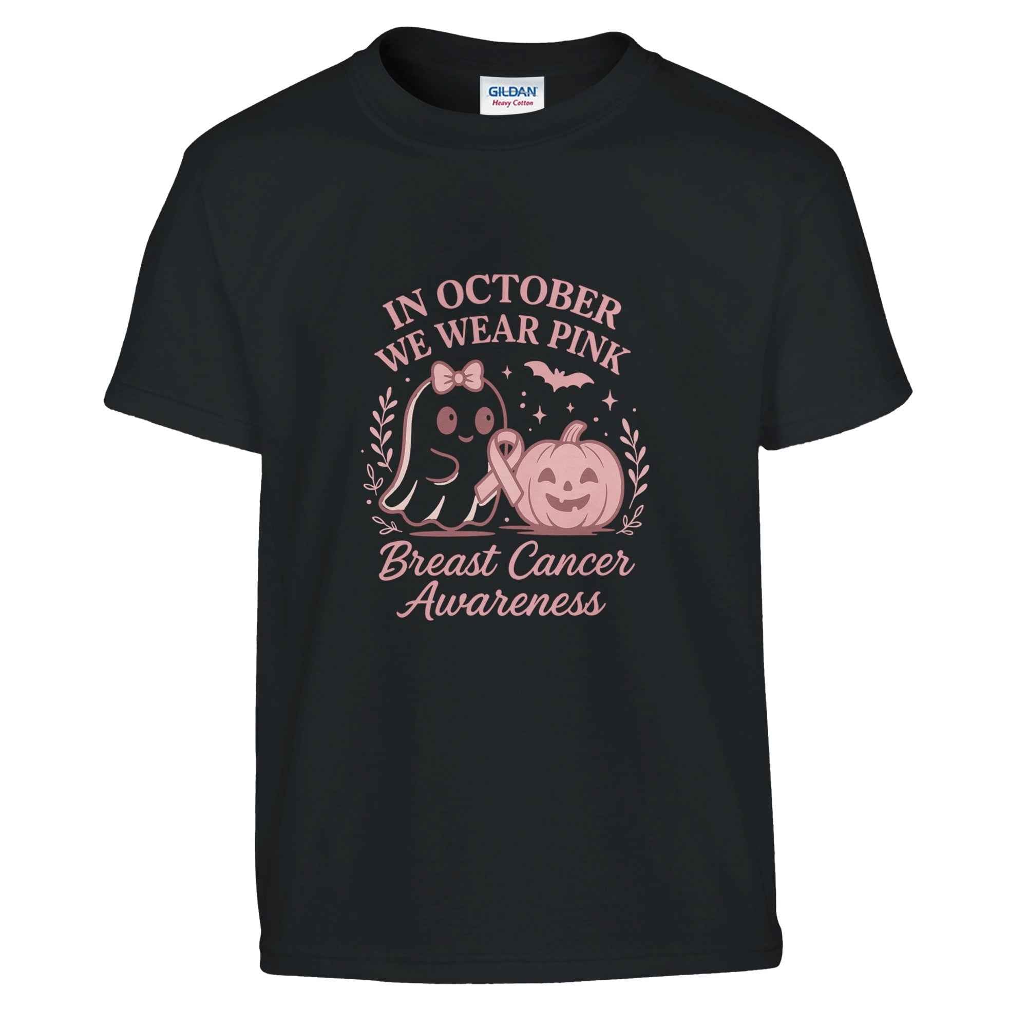 In October We Wear Pink Ghost & Pumpkin T-Shirt | Breast Cancer Awareness Halloween Tee | Cute Pink Support Shirt