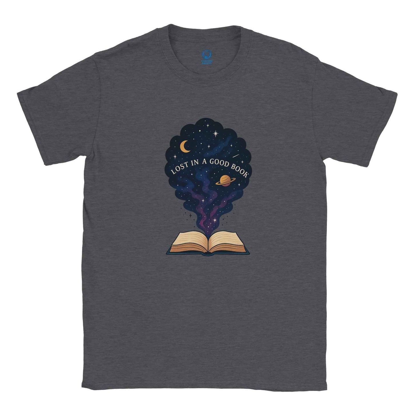 "Lost in a Good Book" Bookish T-Shirt – Celestial Reader Design in Your Choice of Seven Hues