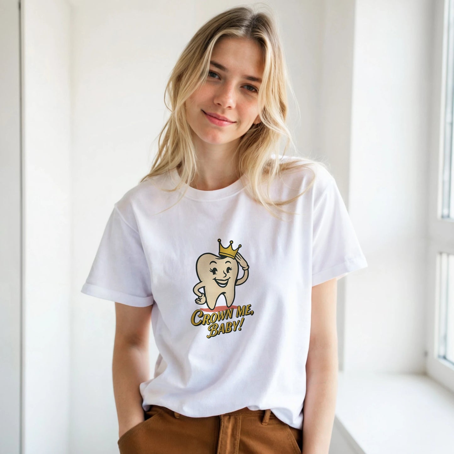 Crown Me Baby Retro Tooth T-Shirt – Vintage Dental Humor Tee - F4 Custom Prints