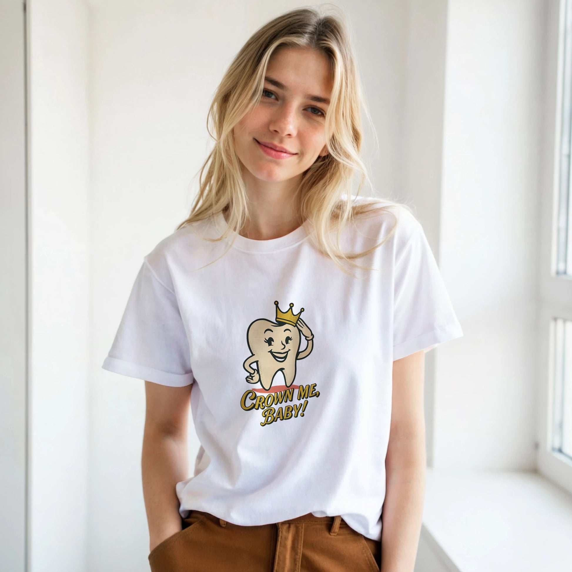 Crown Me Baby Retro Tooth T-Shirt – Vintage Dental Humor Tee - F4 Custom Prints