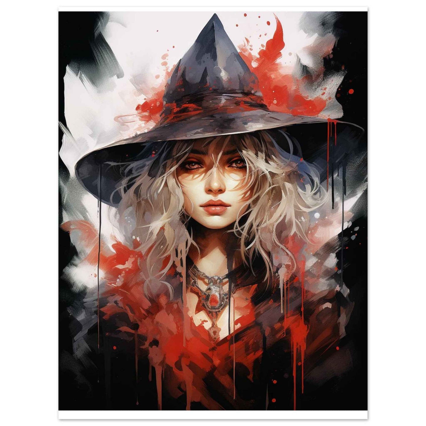 Crimson Sorceress Poster – Dark Fantasy Witchcraft Wall Art (Multiple Sizes Available)