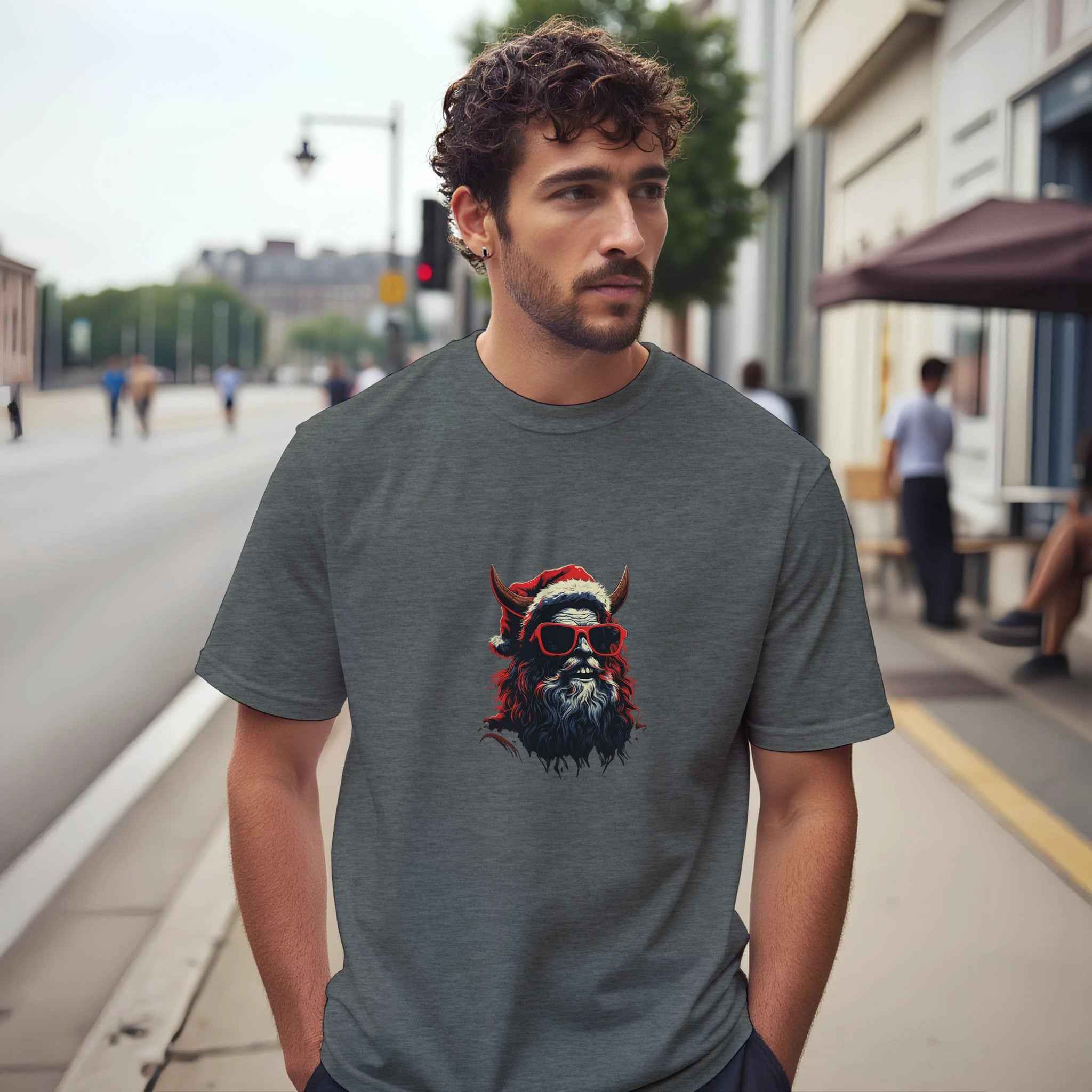 Bad Santa Rocker Tee – Edgy Horned Krampus Christmas Graphic Tee