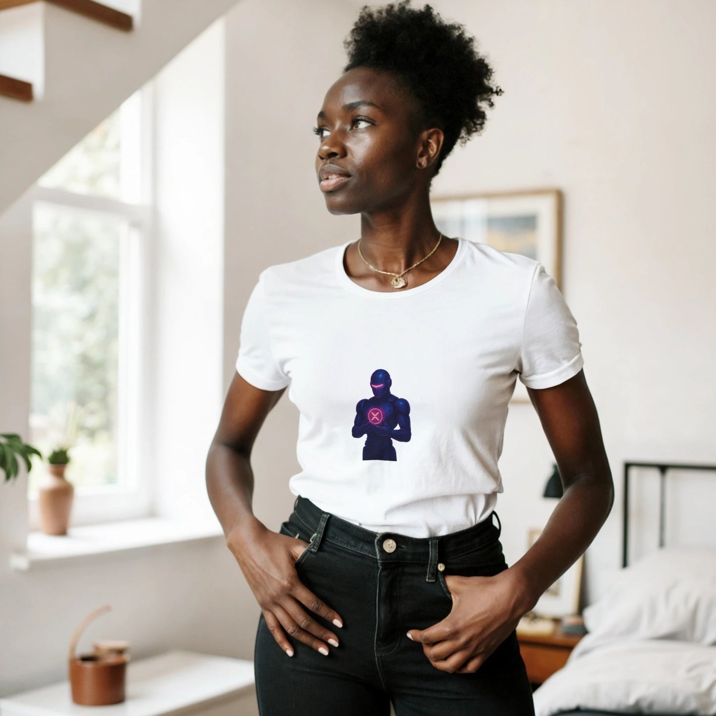 XRP Women’s T-Shirt – Robotic Guardian Crypto Tee - F4 Custom Prints