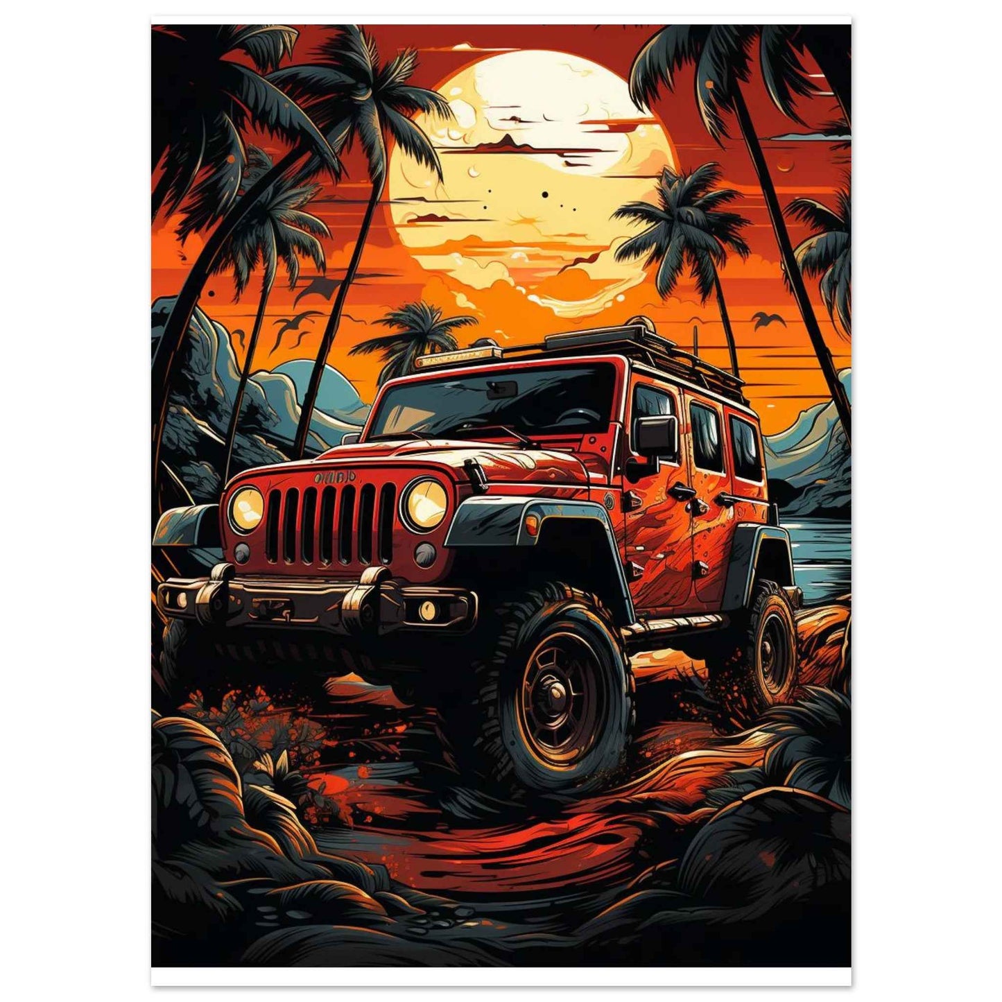 "Tropical Sunset Jeep" Poster – Vibrant Island Adventure Wall Art (Multiple Sizes Available)