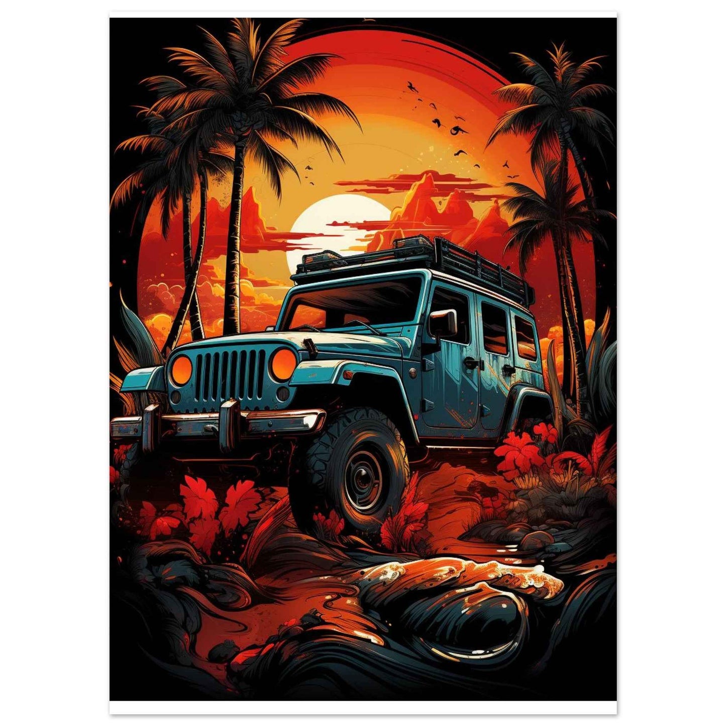 Jeep Sunset Safari Poster – Vibrant Tropical Off-Road Wall Art (Multiple Sizes Available)