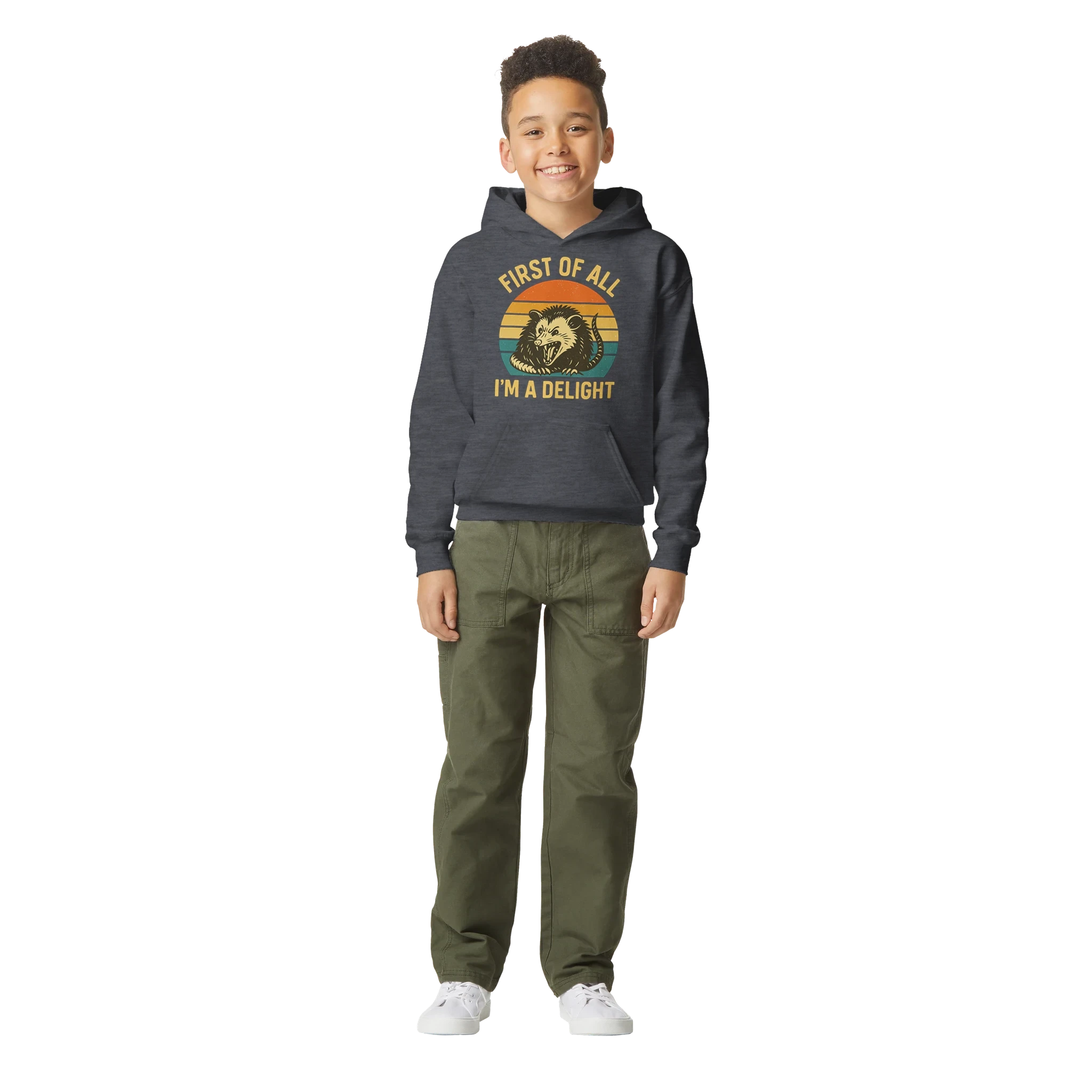 Kids First of All I’m a Delight Possum Hoodie