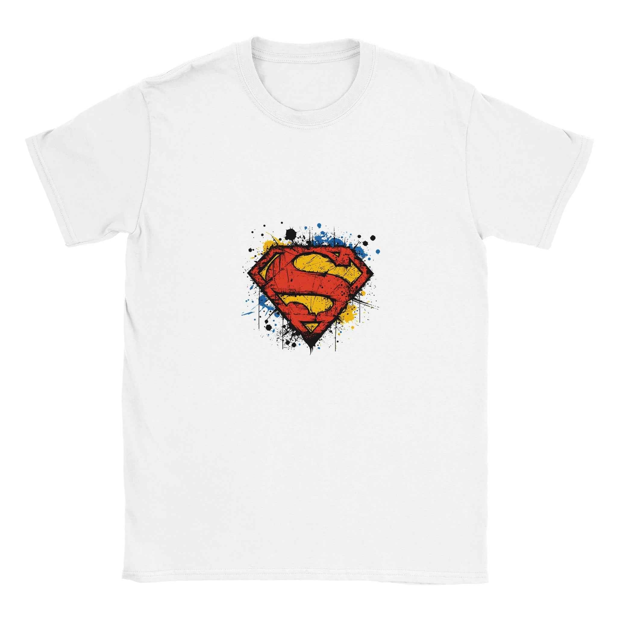 Superman Splatter Shield T-Shirt – Heroic Comic-Inspired Graphic Tee in Multiple Colors