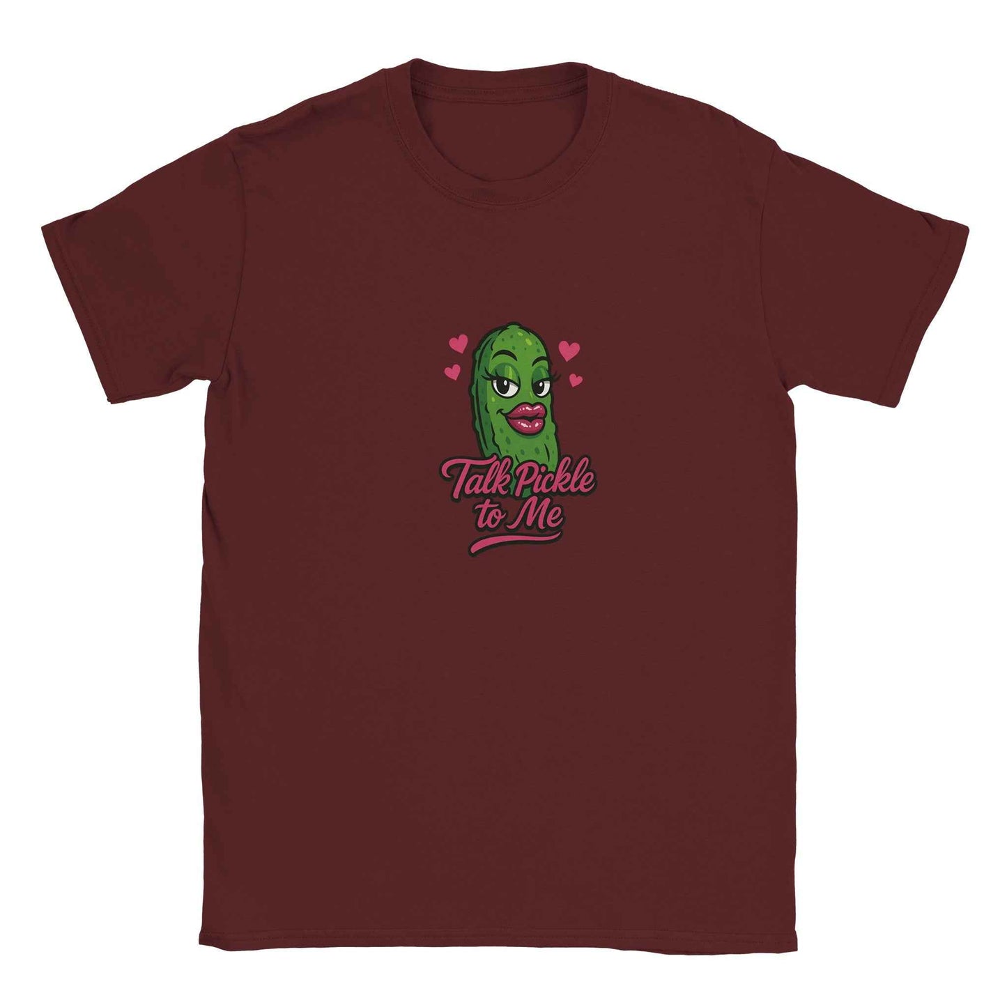 "Talk Pickle to Me" Flirty Pickle T-Shirt – Playful Pink Lips & Hearts Design