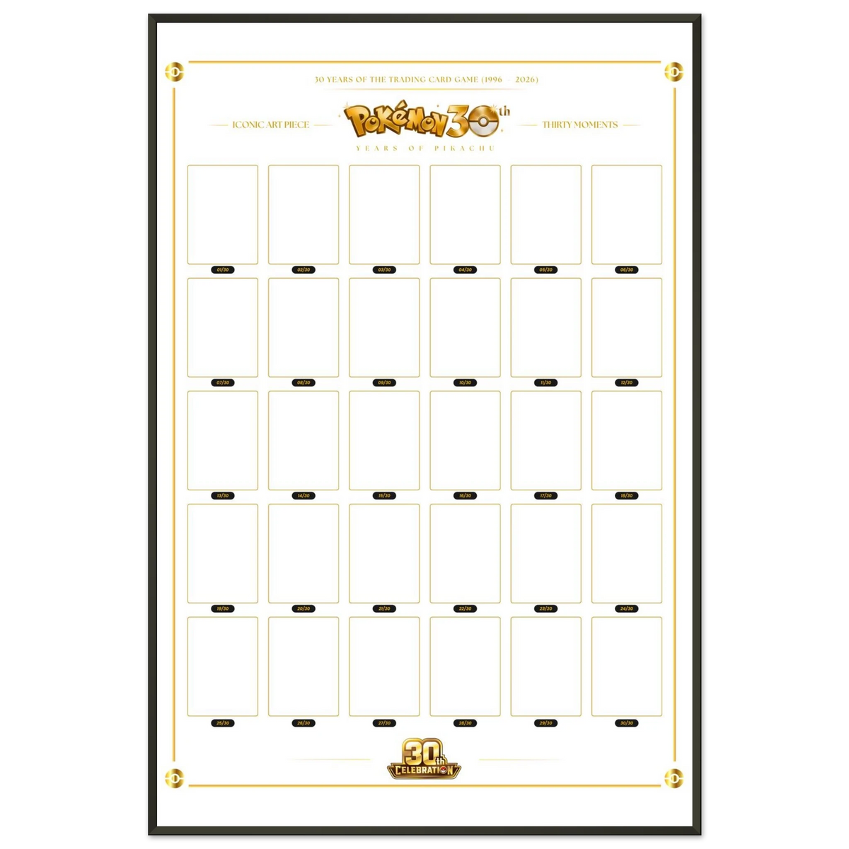 Pokémon 30th Anniversary Pikachu Framed Card Display Poster | White & Gold Edition