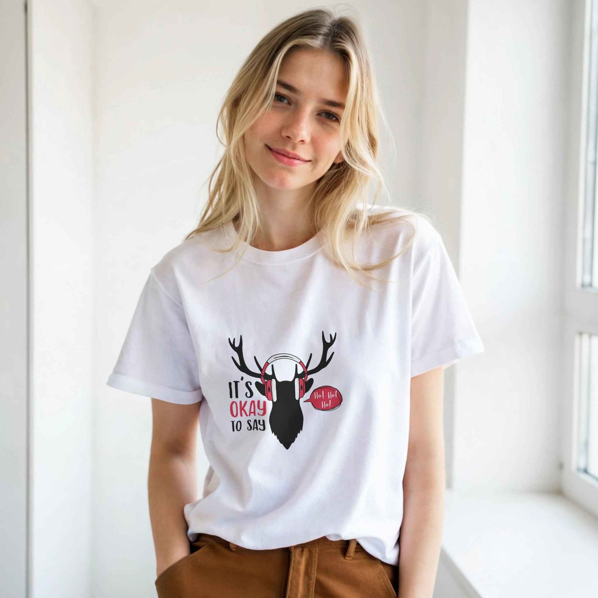 It's Okay to Say Ho Ho Ho Deer T-Shirt – Festive Holiday Graphic Tee