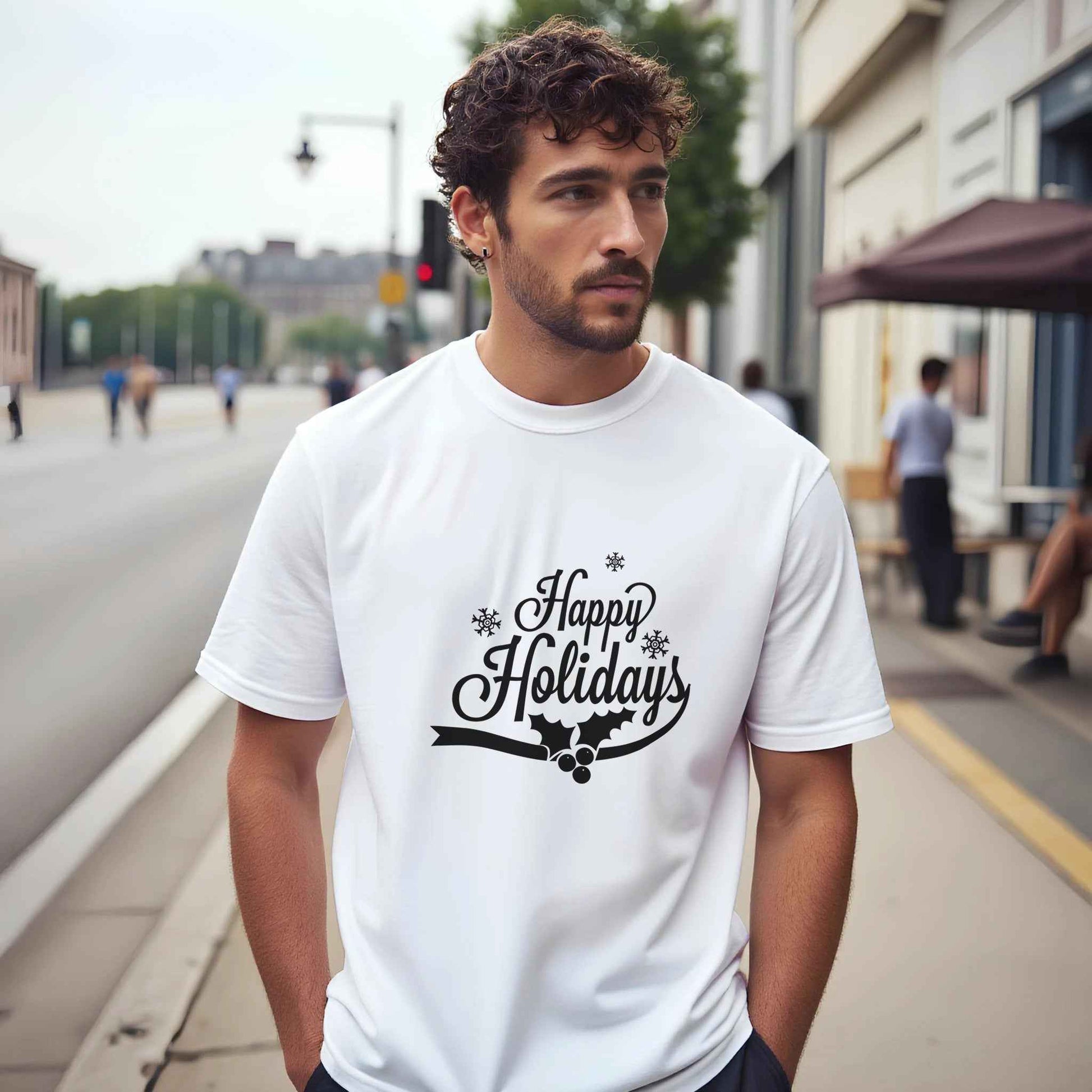 Happy Holidays Holly & Snowflakes Tee – Festive Holiday Graphic Tee in Your Choice of Colors