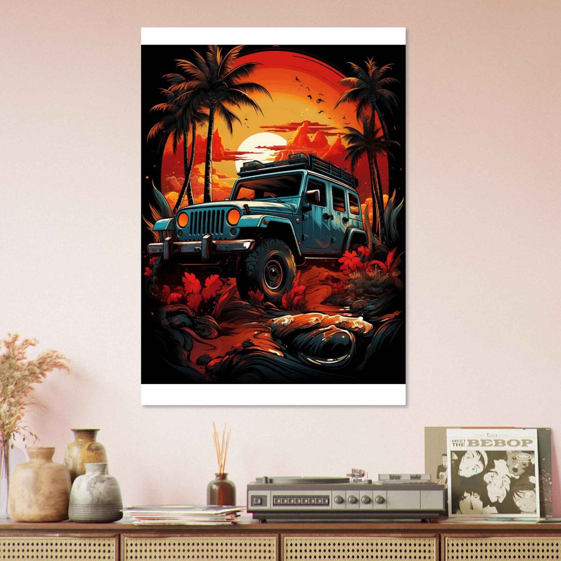 Jeep Sunset Safari Poster – Vibrant Tropical Off-Road Wall Art (Multiple Sizes Available)