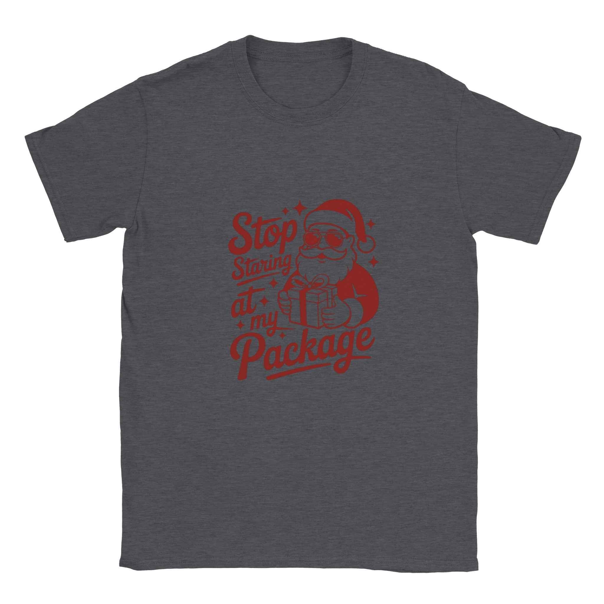 Stop Staring at My Package Santa Tee – Funny Christmas Holiday Graphic T-Shirt