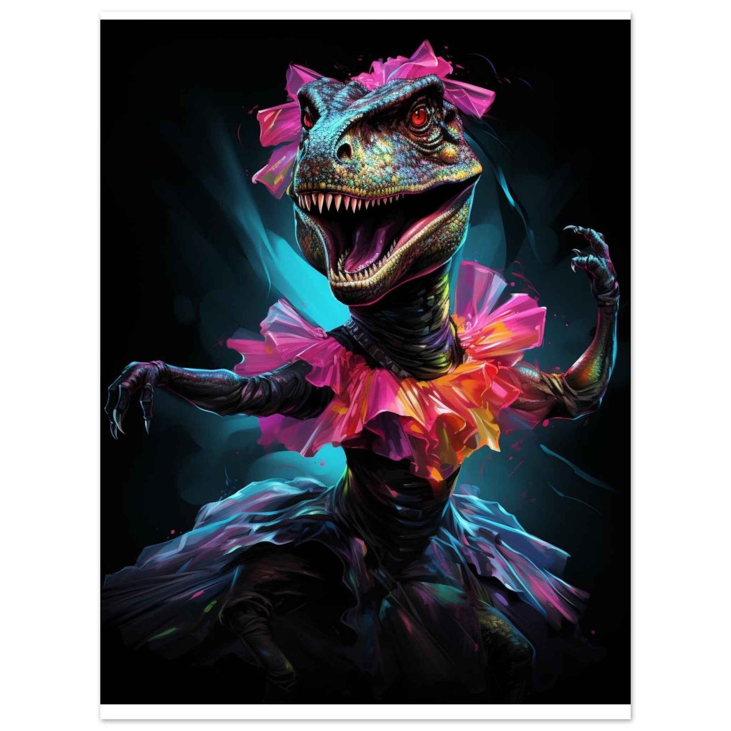 "Prima Dino-Ballerina" Poster – Whimsical Neon Dinosaur Wall Art (Multiple Sizes Available)