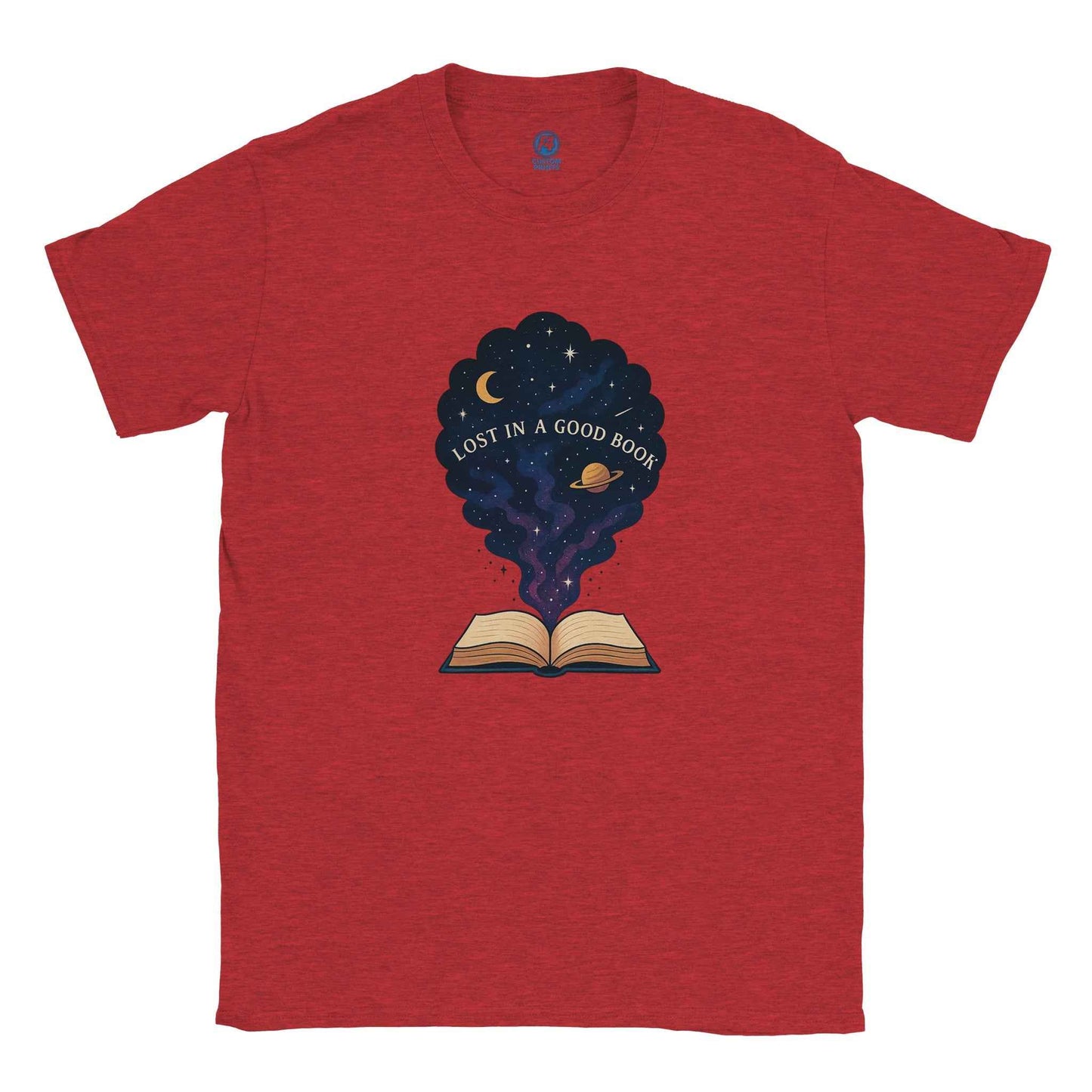 "Lost in a Good Book" Bookish T-Shirt – Celestial Reader Design in Your Choice of Seven Hues
