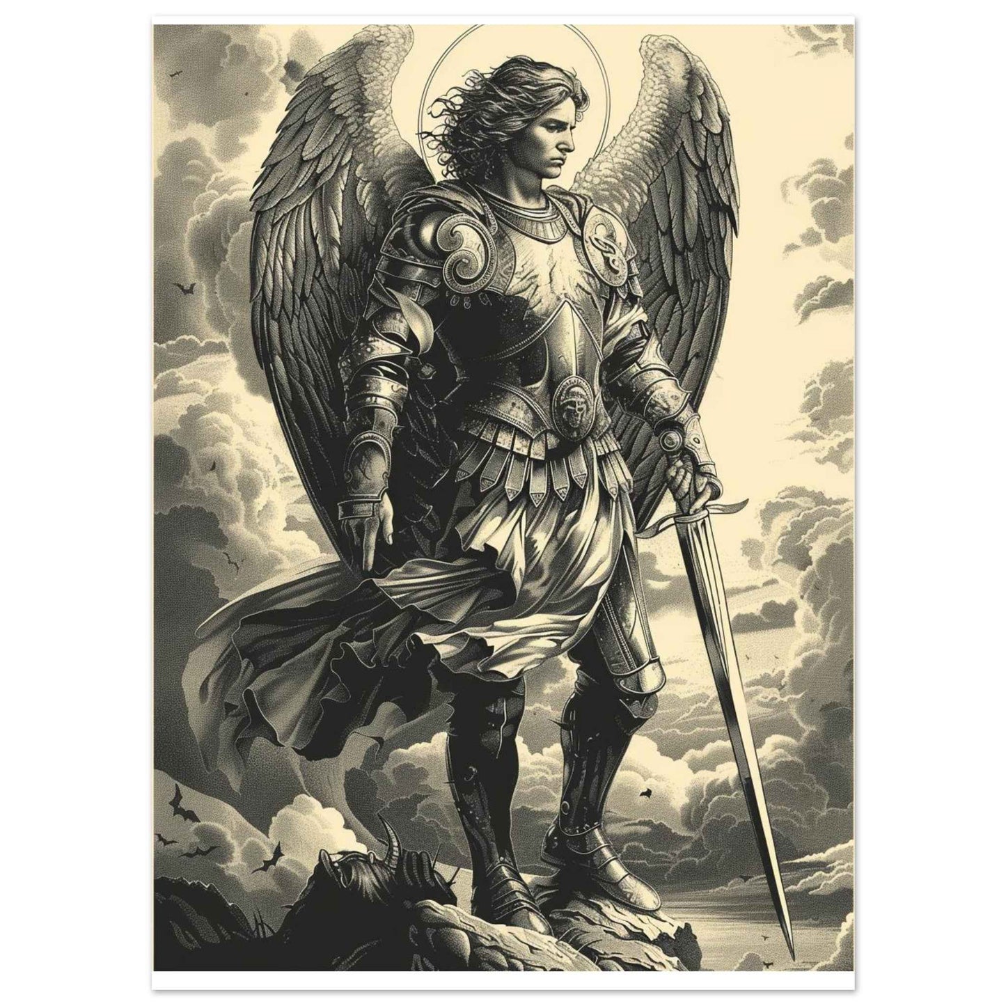 "Archangel Michael" Poster – Divine Warrior Line Art Print (Multiple Sizes Available)