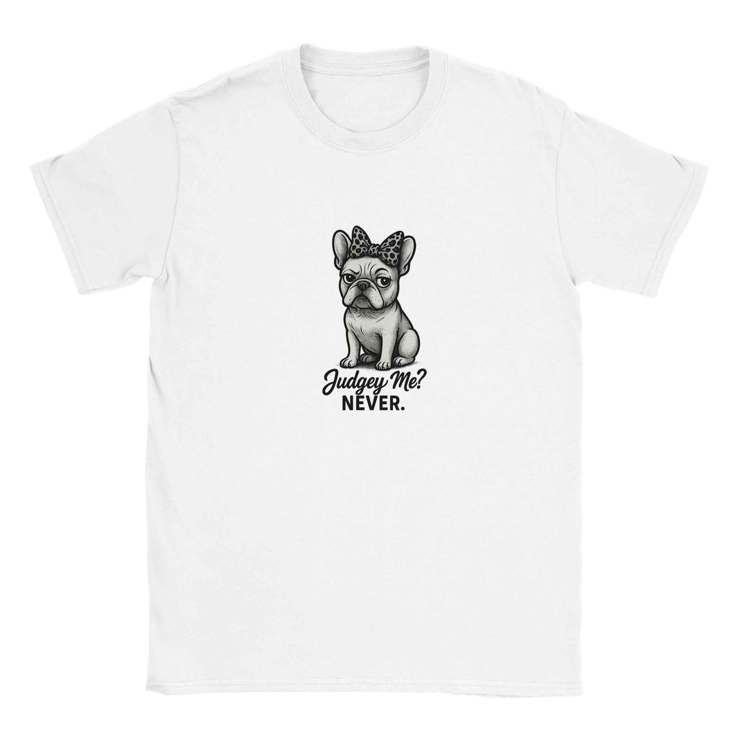 "Judgey Me? Never." Frenchie T-Shirt – Sassy Leopard Bow French Bulldog Design in Your Choice of Nine Hues