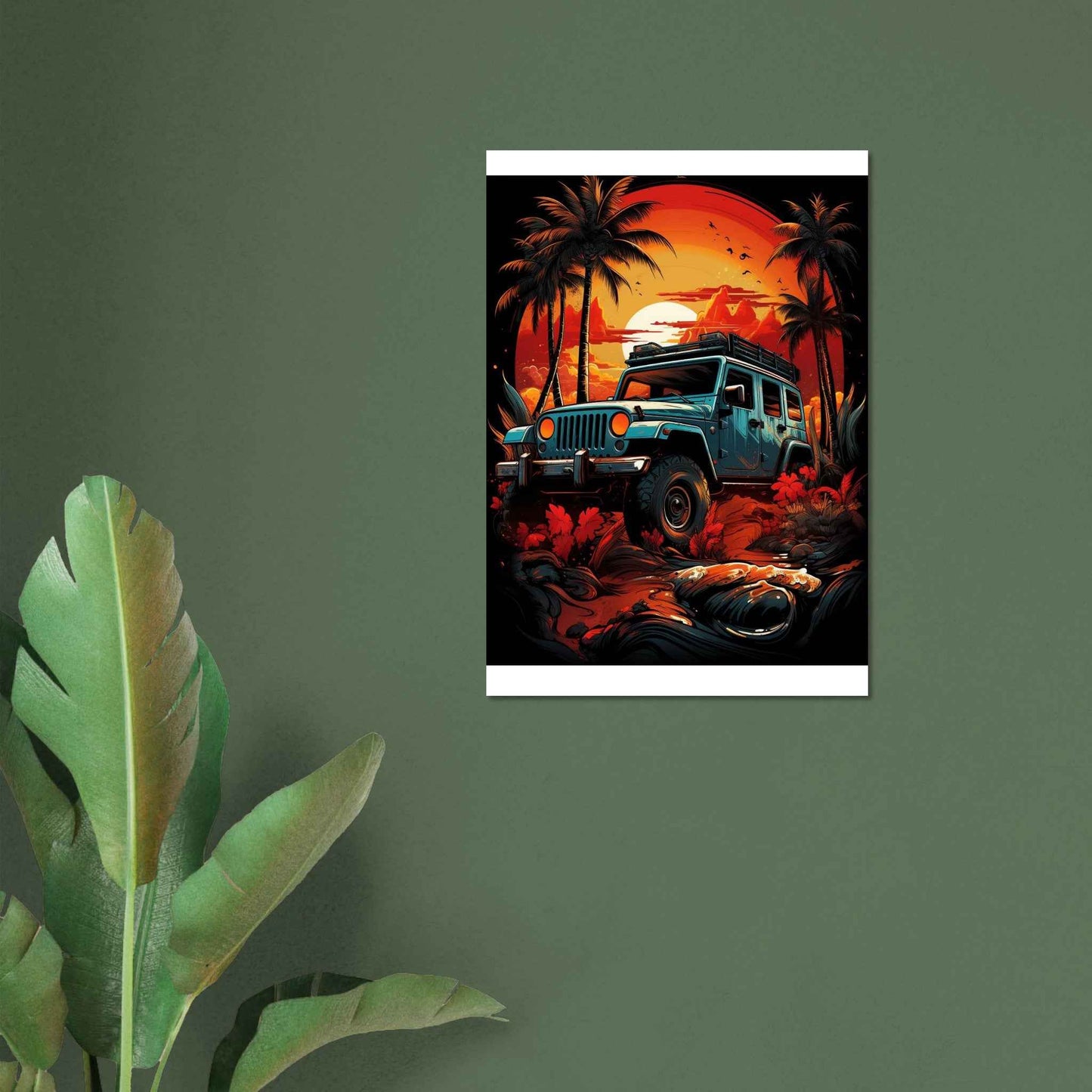 Jeep Sunset Safari Poster – Vibrant Tropical Off-Road Wall Art (Multiple Sizes Available)
