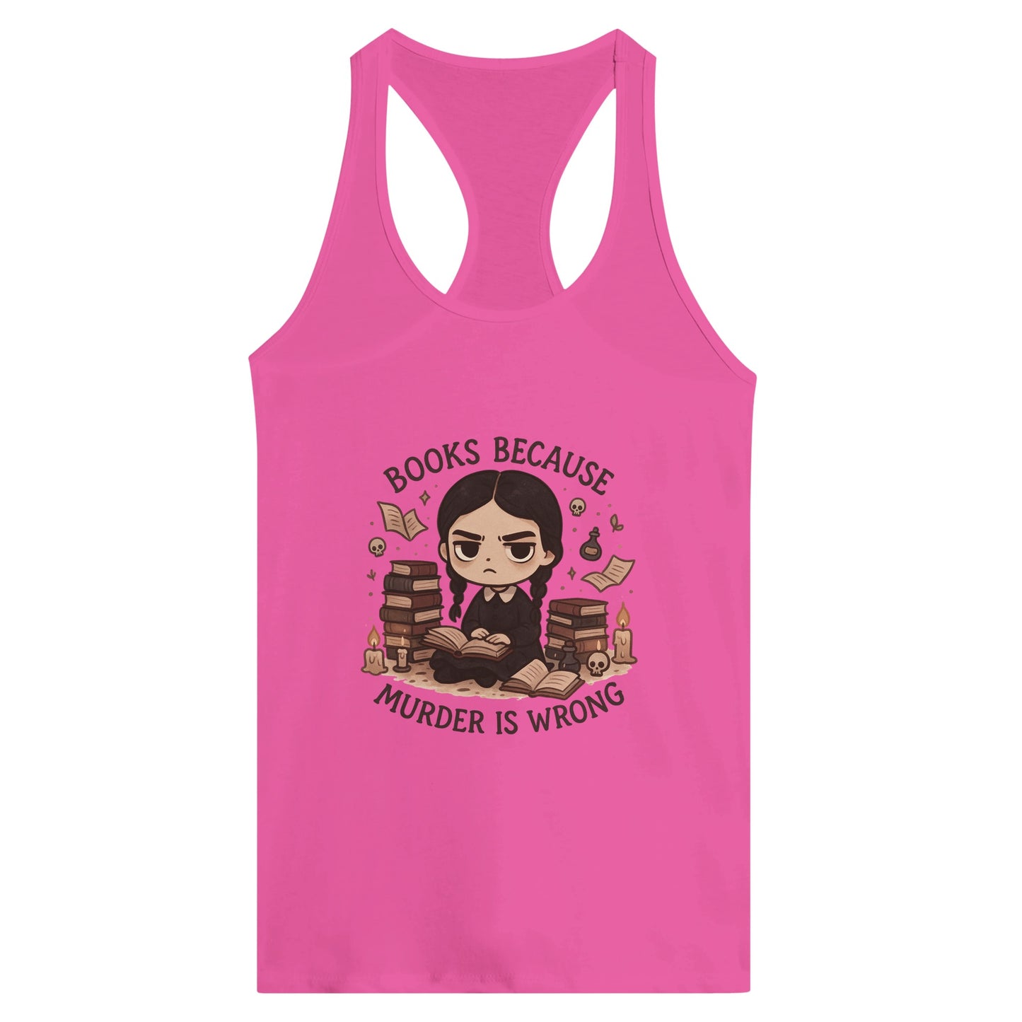 Bookish Goth Women’s Racerback Tank – “Books Because Murder Is Wrong” Dark Reader Tee - F4 Custom Prints