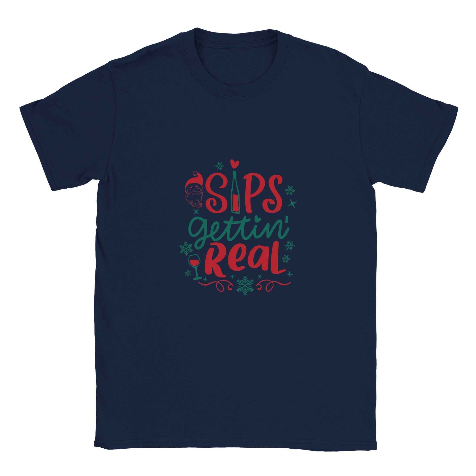 "Sips Gettin' Real" Christmas Shirt – Festive Holiday Graphic Tee with Santa & Wine Design