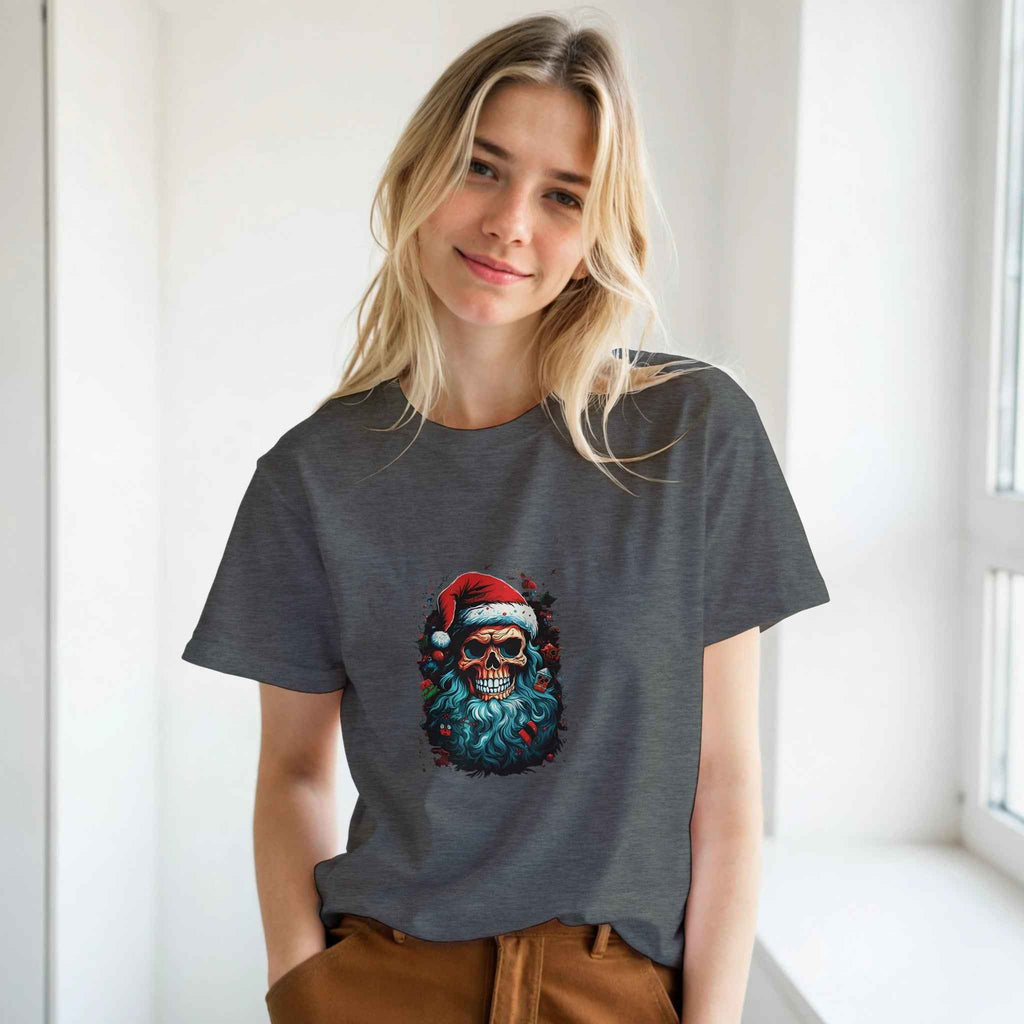 Jolly Santa Skull Christmas Tee – Edgy Holiday Graphic Shirt in Multiple Colors