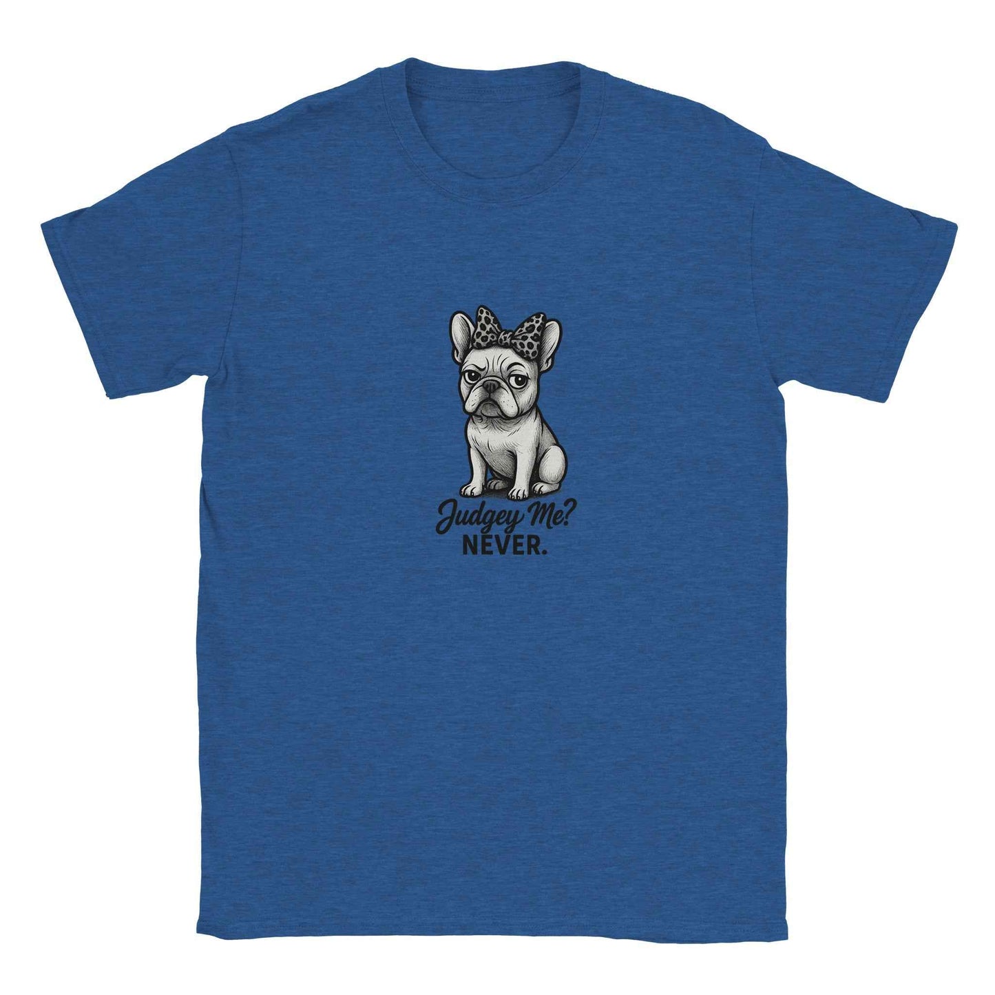 "Judgey Me? Never." Frenchie T-Shirt – Sassy Leopard Bow French Bulldog Design in Your Choice of Nine Hues