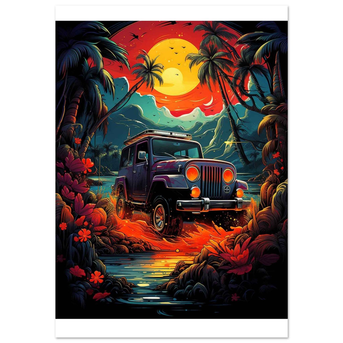Jeep Adventure Sunset Poster – Tropical Off-Roading Wall Art (Multiple Sizes Available)