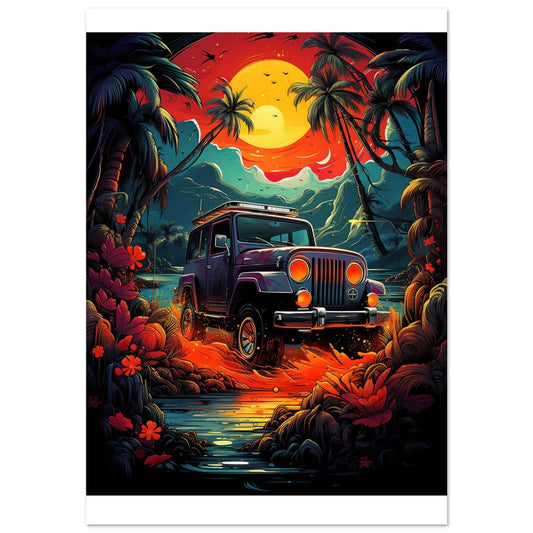 Jeep Adventure Sunset Poster – Tropical Off-Roading Wall Art (Multiple Sizes Available)