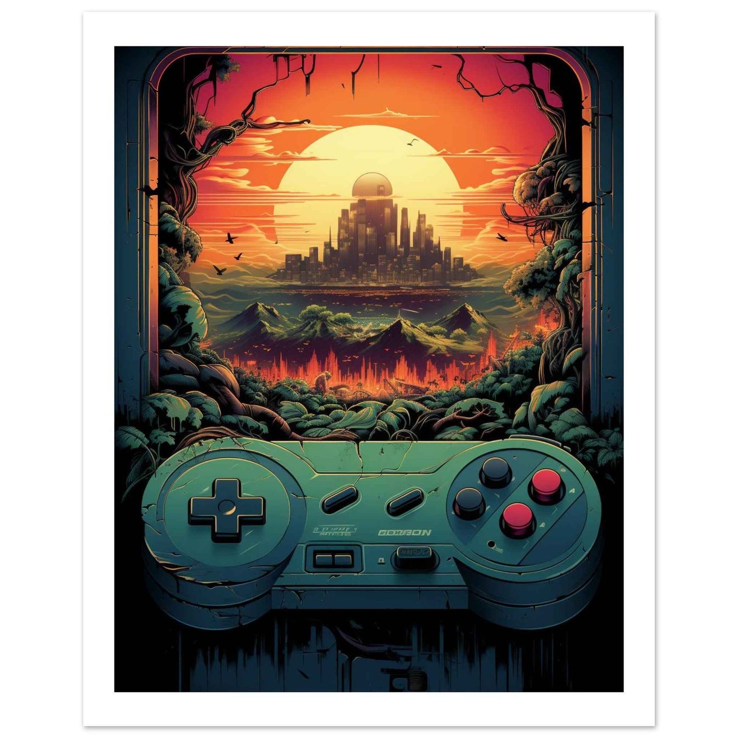 "Gamer's Sunset" Poster – Retro-Futuristic Gaming Wall Art (Multiple Sizes Available)