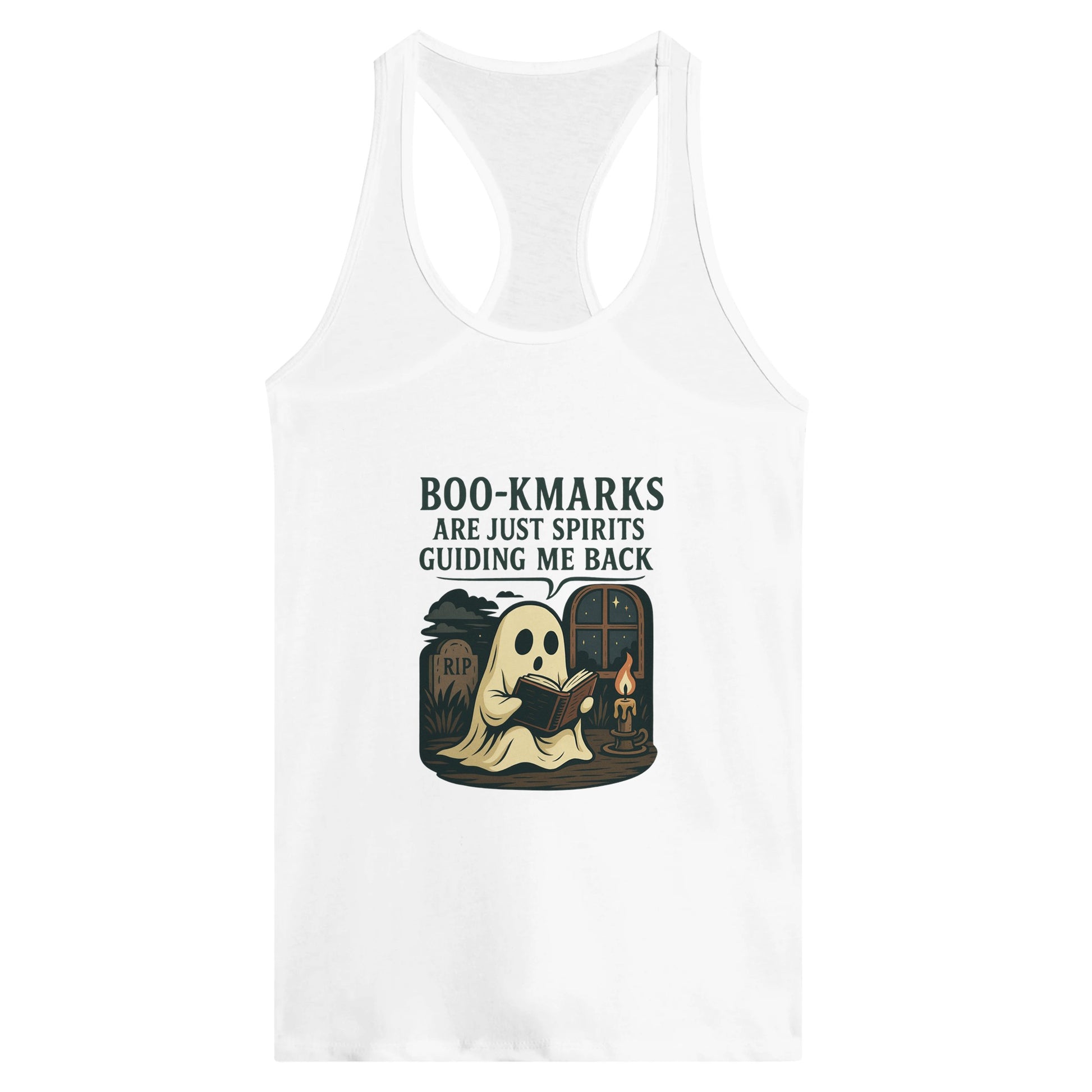 Boo-Kmarks Women’s Racerback Tank – Ghost Book Lover Tee with Spooky Vibes - F4 Custom Prints