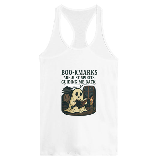 Boo-Kmarks Women’s Racerback Tank – Ghost Book Lover Tee with Spooky Vibes - F4 Custom Prints