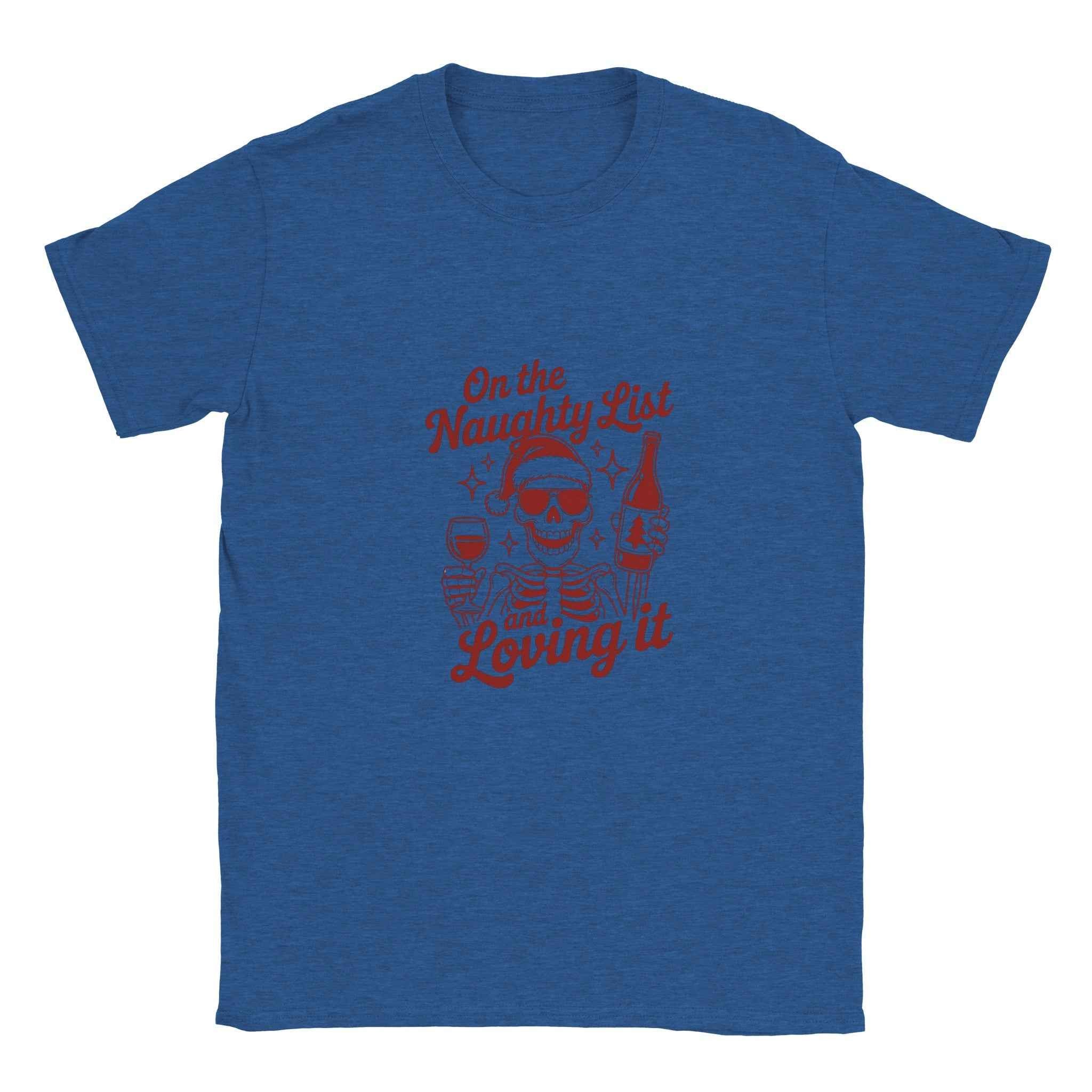 Naughty List & Loving It – Festive Holiday Graphic Tee for Skeleton & Wine Lovers