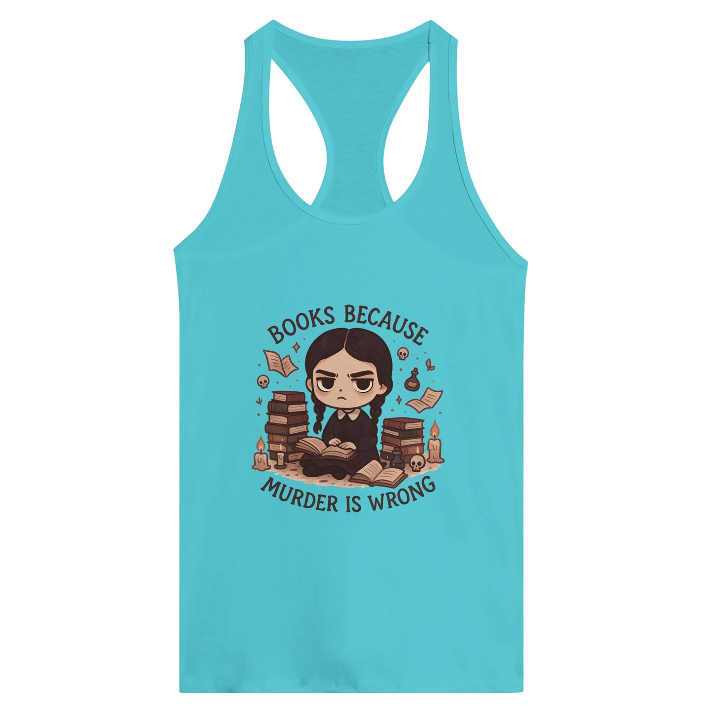 Bookish Goth Women’s Racerback Tank – “Books Because Murder Is Wrong” Dark Reader Tee - F4 Custom Prints