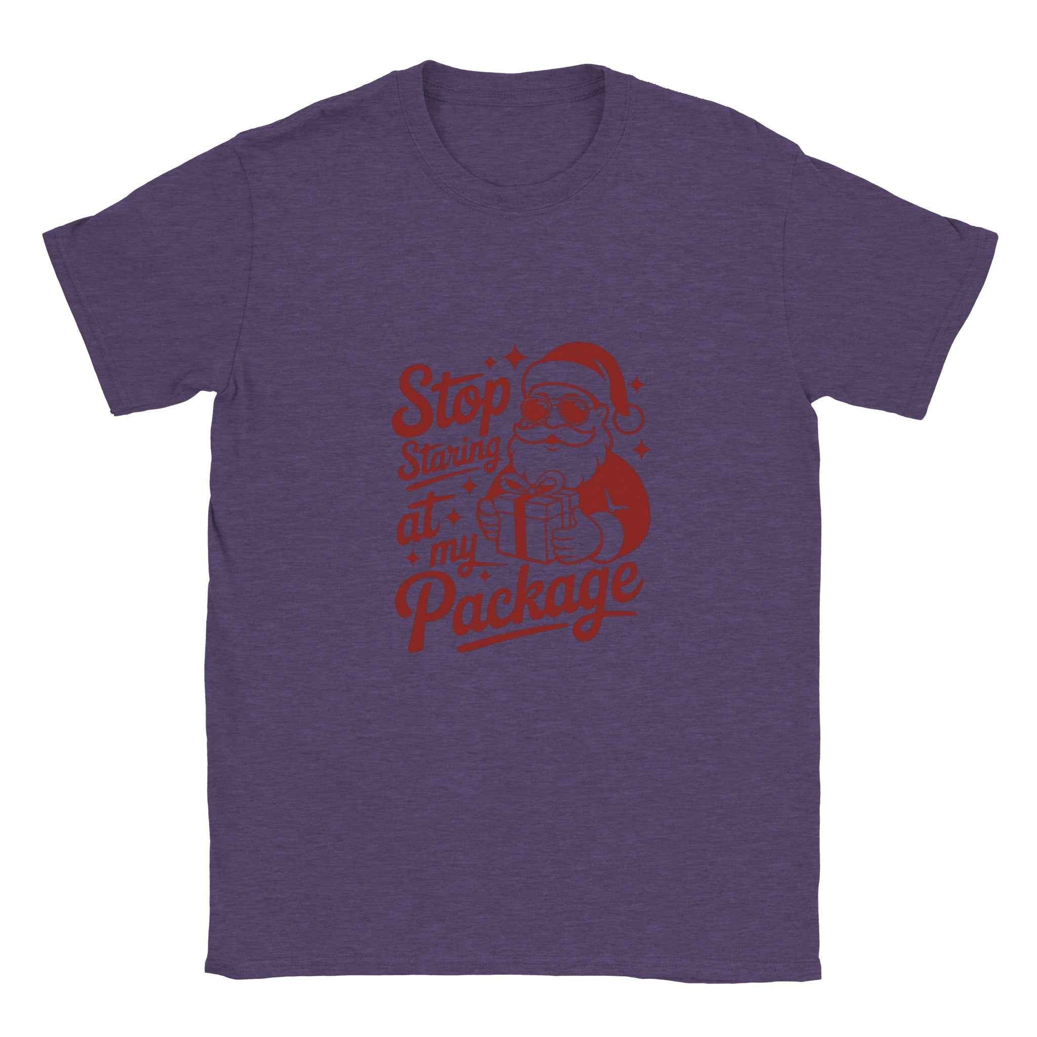 Stop Staring at My Package Santa Tee – Funny Christmas Holiday Graphic T-Shirt
