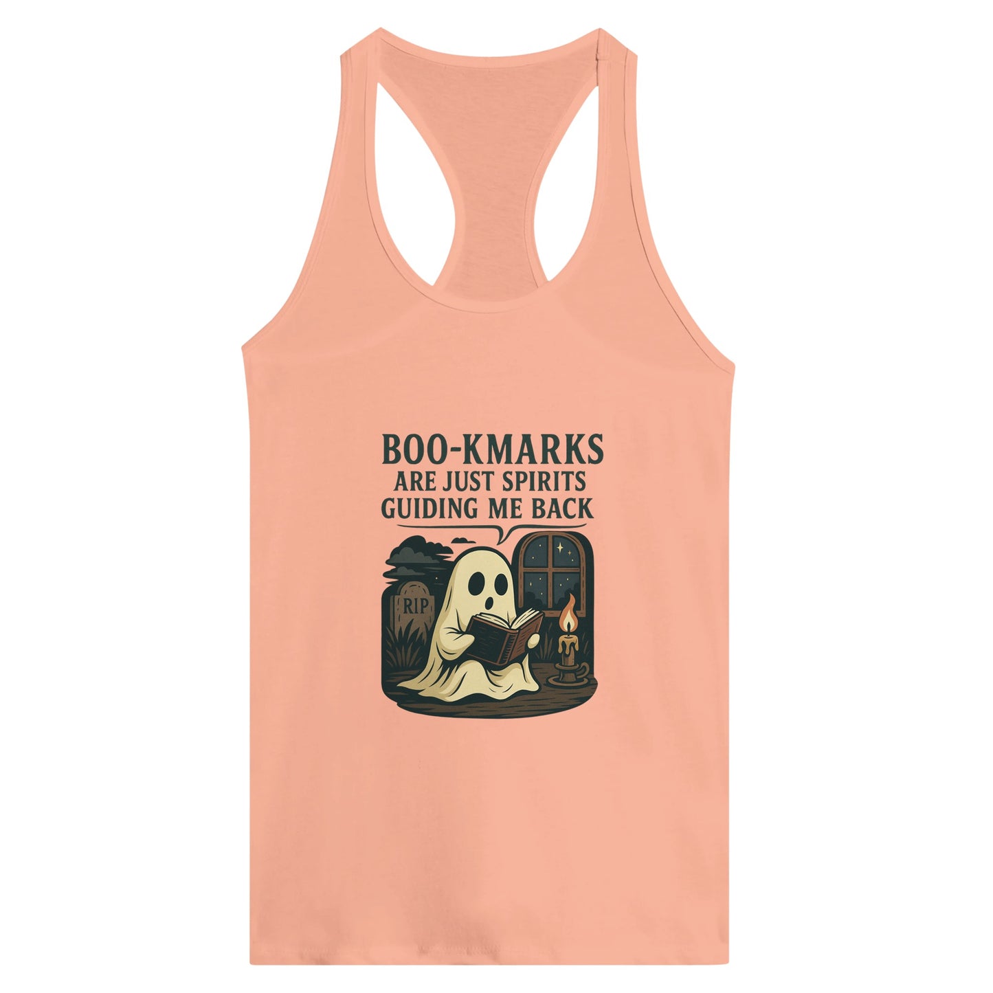 Boo-Kmarks Women’s Racerback Tank – Ghost Book Lover Tee with Spooky Vibes - F4 Custom Prints