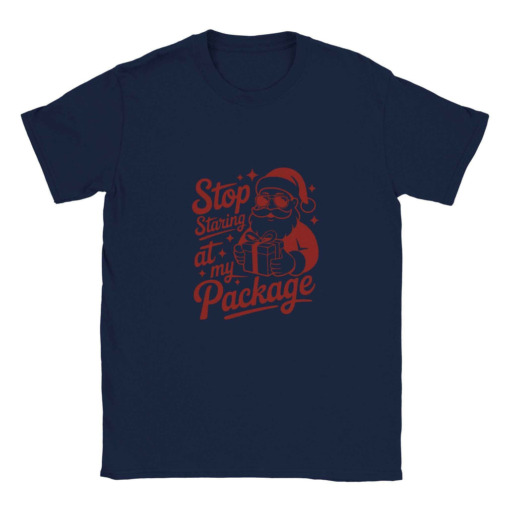 Stop Staring at My Package Santa Tee – Funny Christmas Holiday Graphic T-Shirt