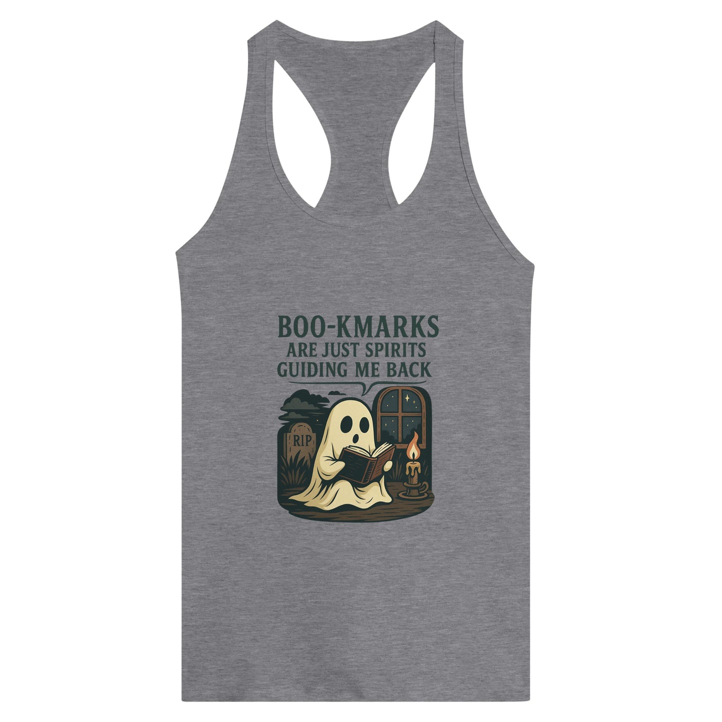 Boo-Kmarks Women’s Racerback Tank – Ghost Book Lover Tee with Spooky Vibes - F4 Custom Prints