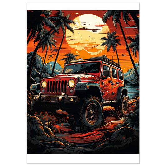 "Tropical Sunset Jeep" Poster – Vibrant Island Adventure Wall Art (Multiple Sizes Available)
