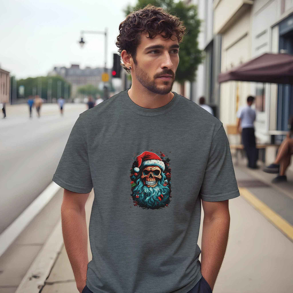 Jolly Santa Skull Christmas Tee – Edgy Holiday Graphic Shirt in Multiple Colors