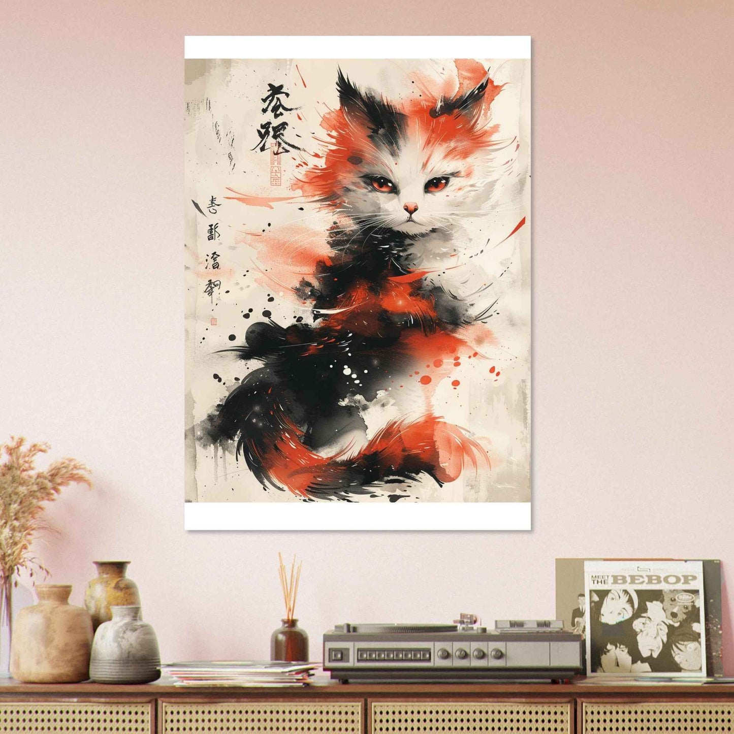 Fiery Feline Flair Poster – Dynamic Japanese Ink Wash Cat Wall Art (Multiple Sizes Available)