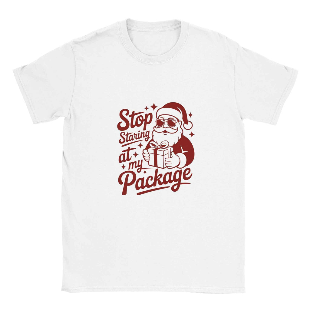 Stop Staring at My Package Santa Tee – Funny Christmas Holiday Graphic T-Shirt