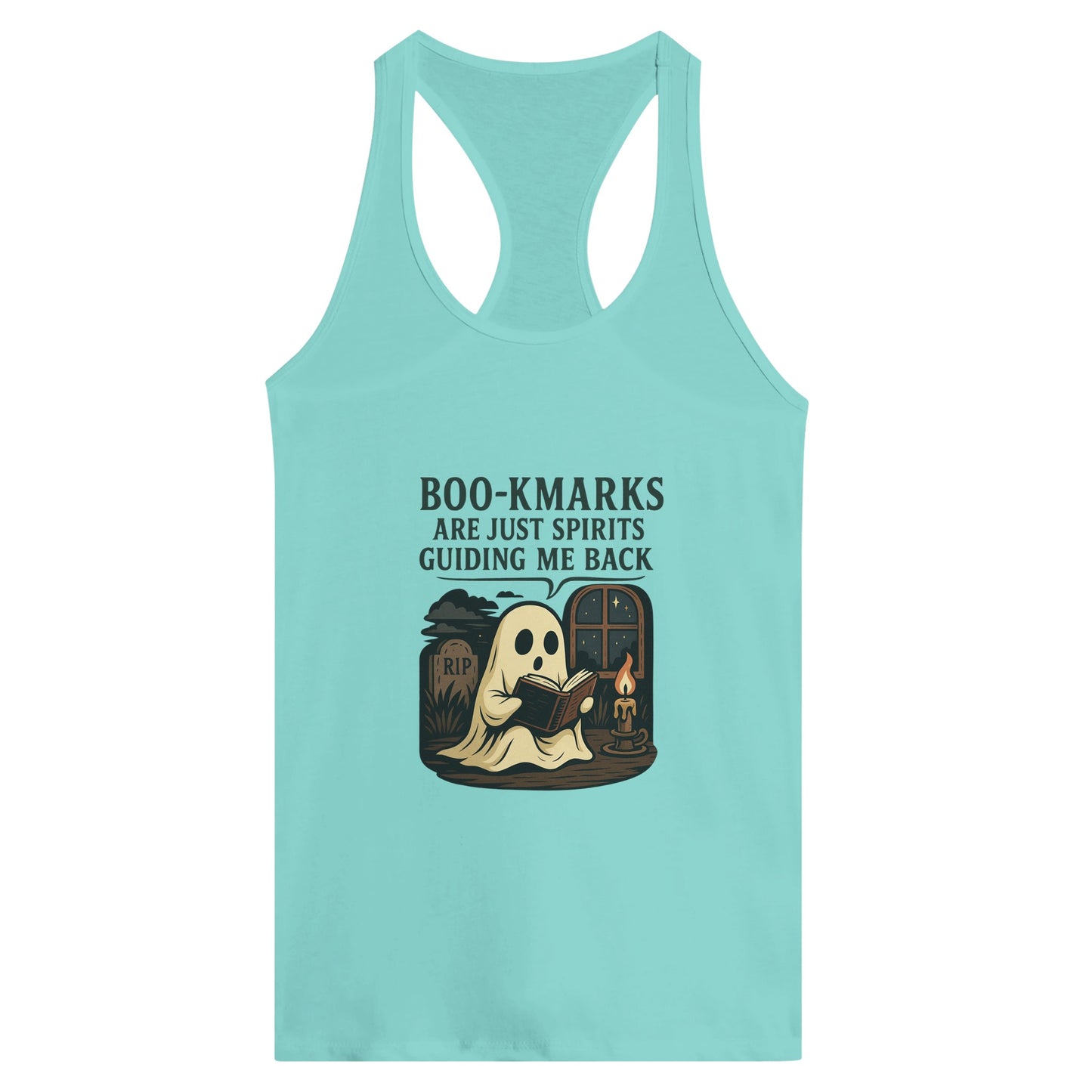Boo-Kmarks Women’s Racerback Tank – Ghost Book Lover Tee with Spooky Vibes - F4 Custom Prints