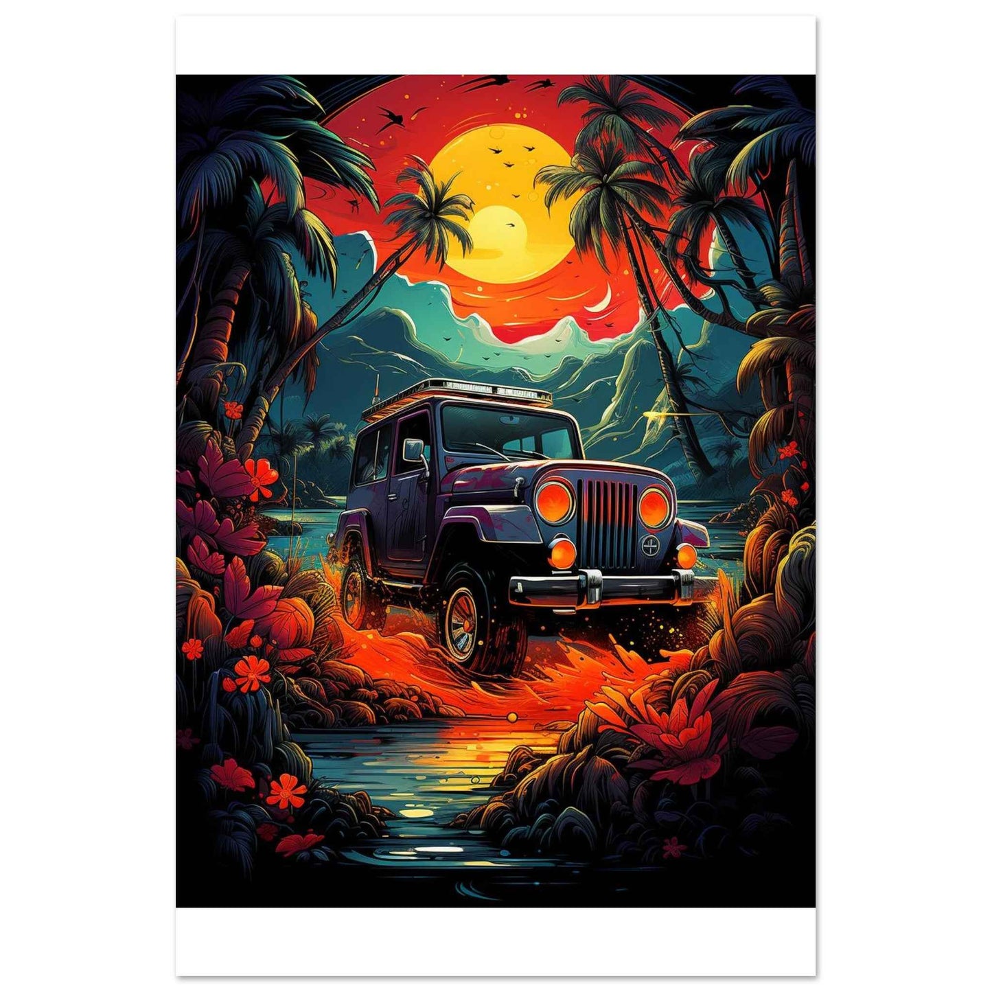 Jeep Adventure Sunset Poster – Tropical Off-Roading Wall Art (Multiple Sizes Available)