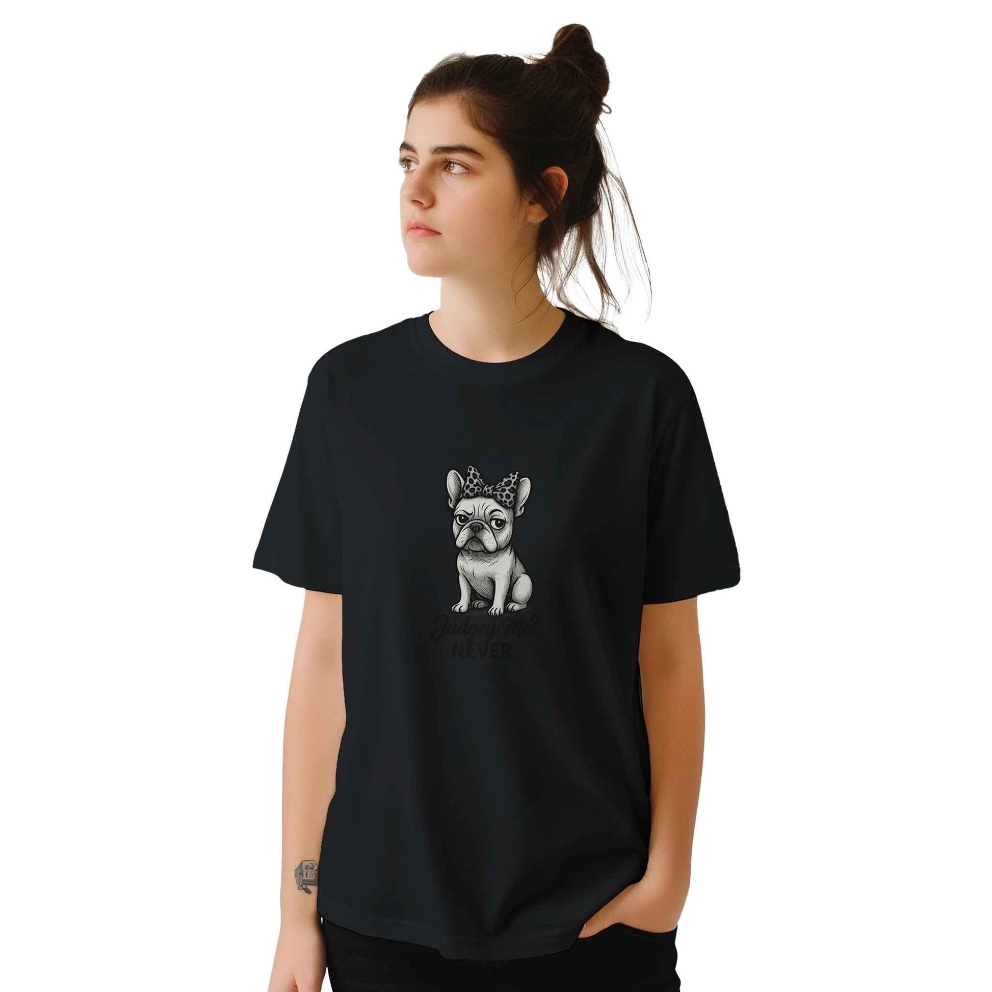 "Judgey Me? Never." Frenchie T-Shirt – Sassy Leopard Bow French Bulldog Design in Your Choice of Nine Hues