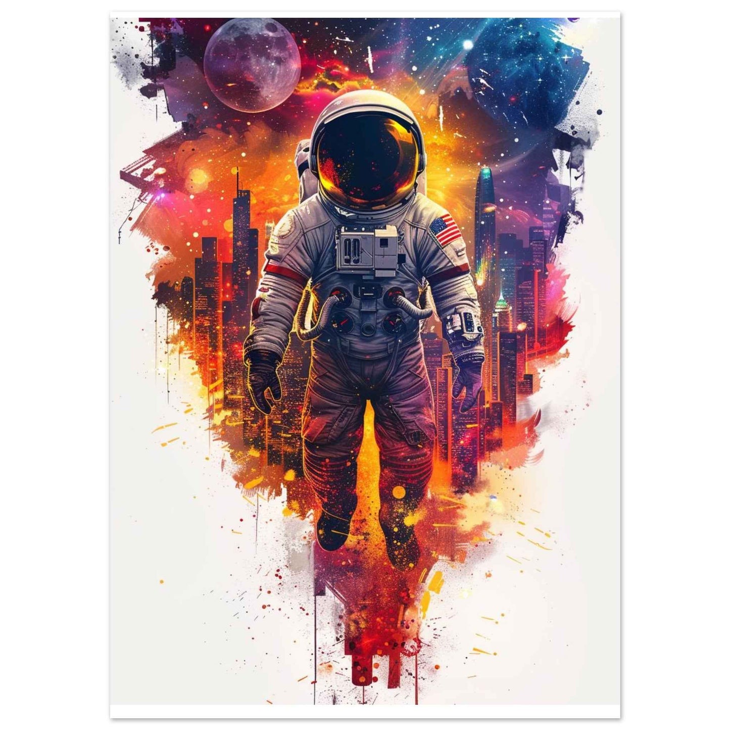 "Astronaut's Urban Odyssey" Poster – Vibrant Sci-Fi Cityscape Wall Art (Multiple Sizes Available)