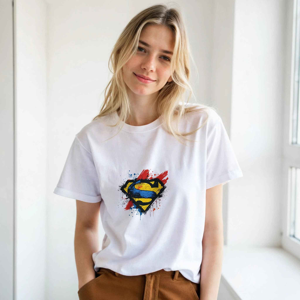Abstract Splatter Superman Emblem T-Shirt – Heroic Comic-Inspired Graphic Tee in Vibrant Colors
