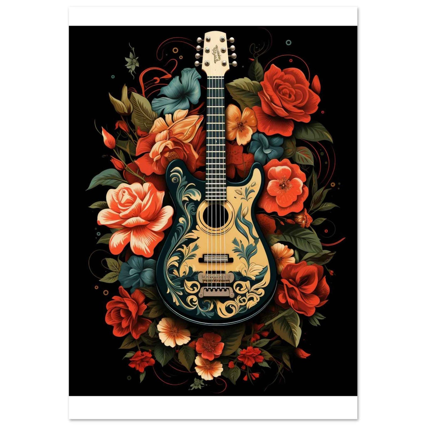 Floral Guitar Serenade Poster – Bohemian Botanical Wall Art (Multiple Sizes Available)