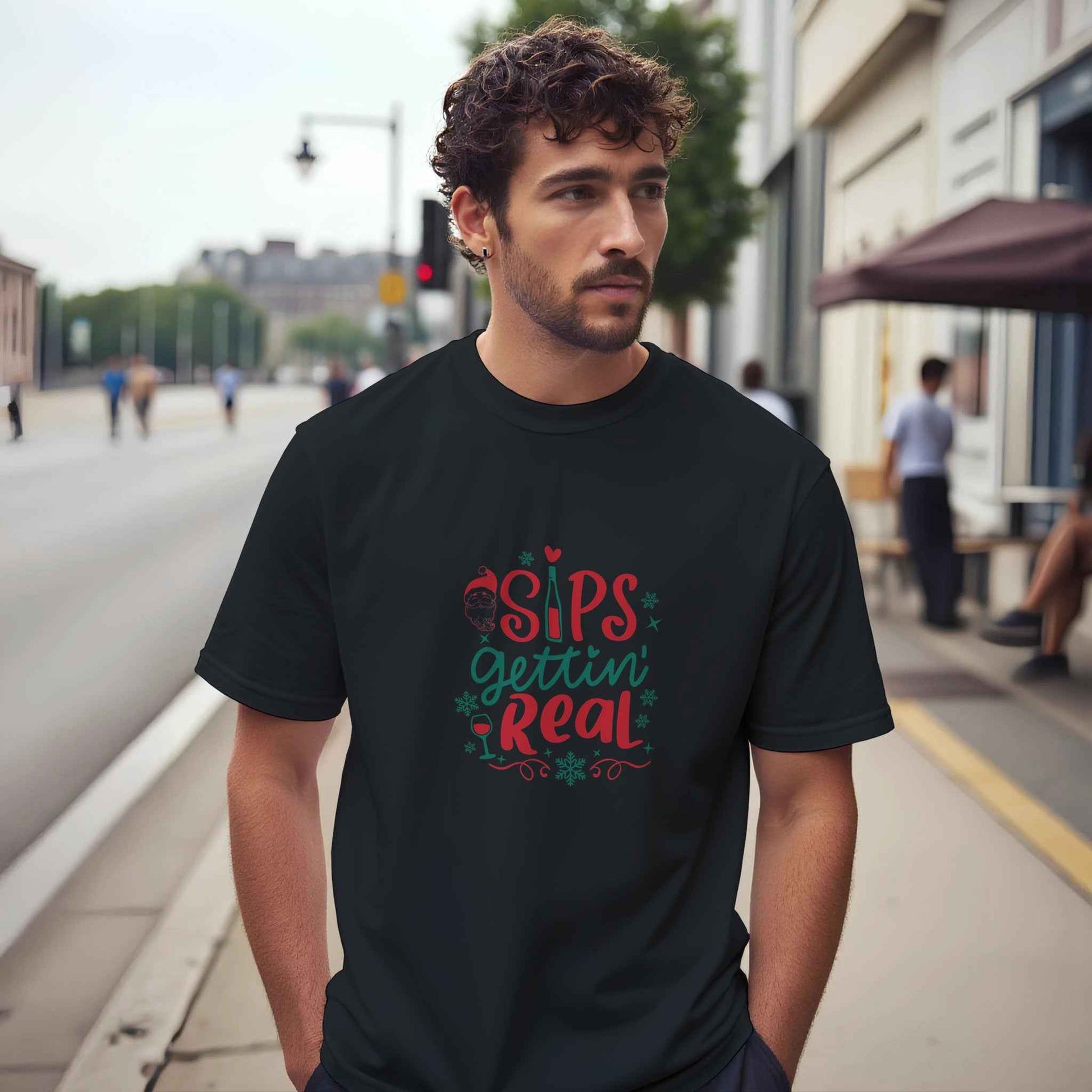 "Sips Gettin' Real" Christmas Shirt – Festive Holiday Graphic Tee with Santa & Wine Design